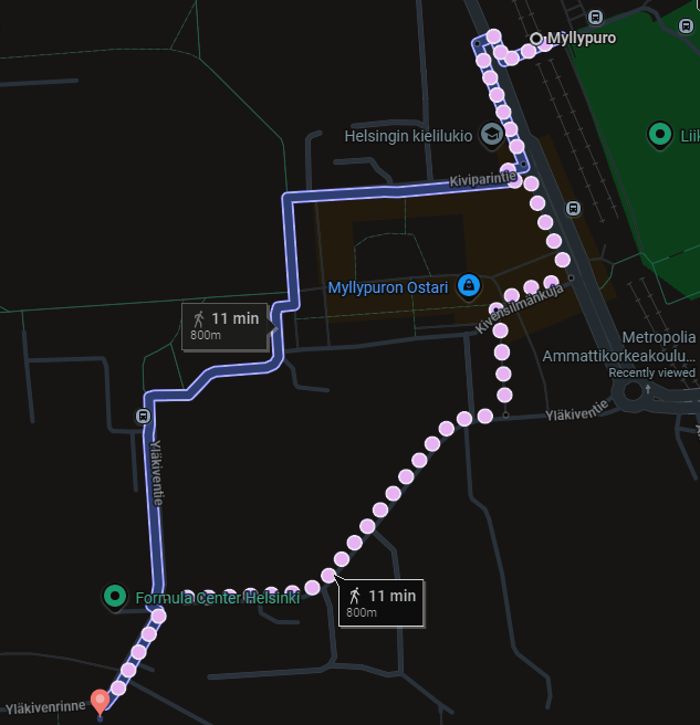 Map of walkway from Myllypuro metro station to Myllypuro elementary school.